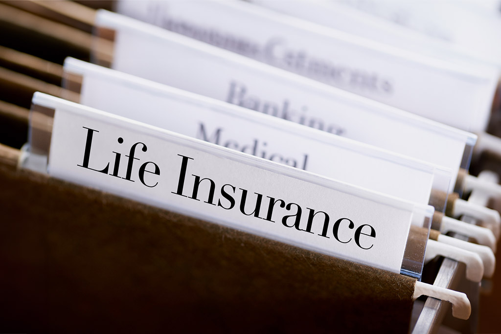 LIFE INSURANCE: Files and folders in desk drawer with labels and tabs: Home office management